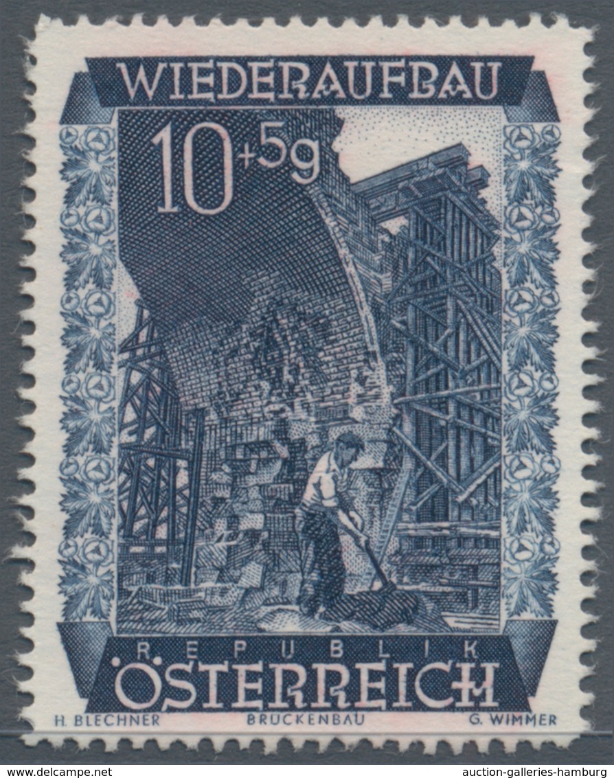 Österreich: 1948, 10 Gr. + 5 Gr. "Wiederaufbau", 16 (meist) verschiedene Farbproben in Linienzähnung