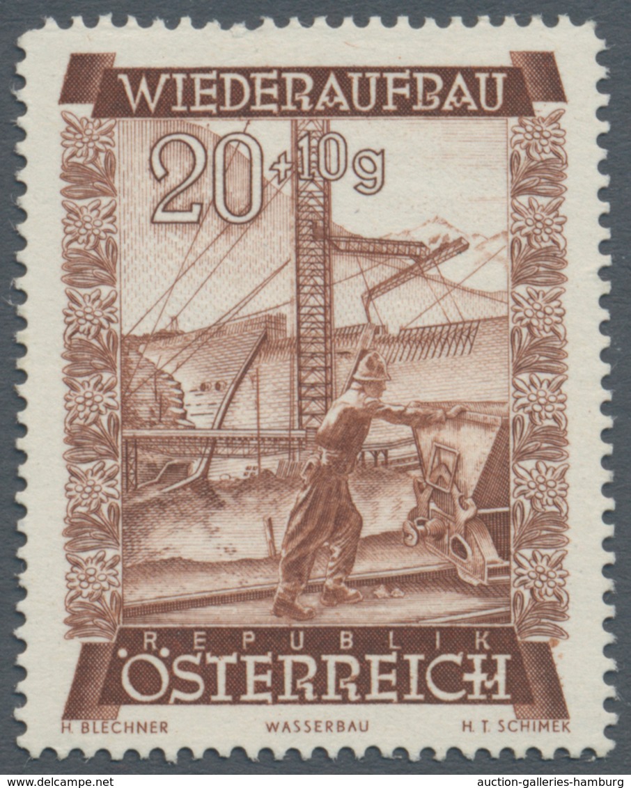 Österreich: 1948, 20 Gr. + 10 Gr. "Wiederaufbau", 11 (meist) verschiedene Farbproben in Linienzähnun