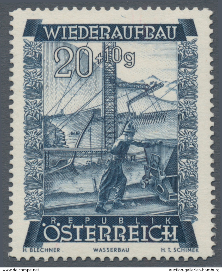 Österreich: 1948, 20 Gr. + 10 Gr. "Wiederaufbau", 11 (meist) verschiedene Farbproben in Linienzähnun