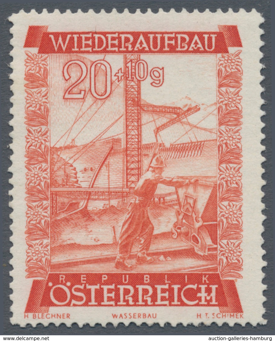 Österreich: 1948, 20 Gr. + 10 Gr. "Wiederaufbau", 11 (meist) verschiedene Farbproben in Linienzähnun