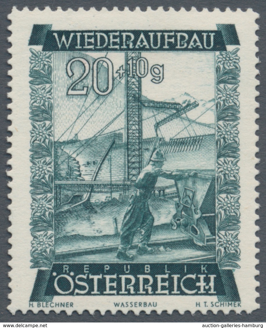 Österreich: 1948, 20 Gr. + 10 Gr. "Wiederaufbau", 11 (meist) verschiedene Farbproben in Linienzähnun