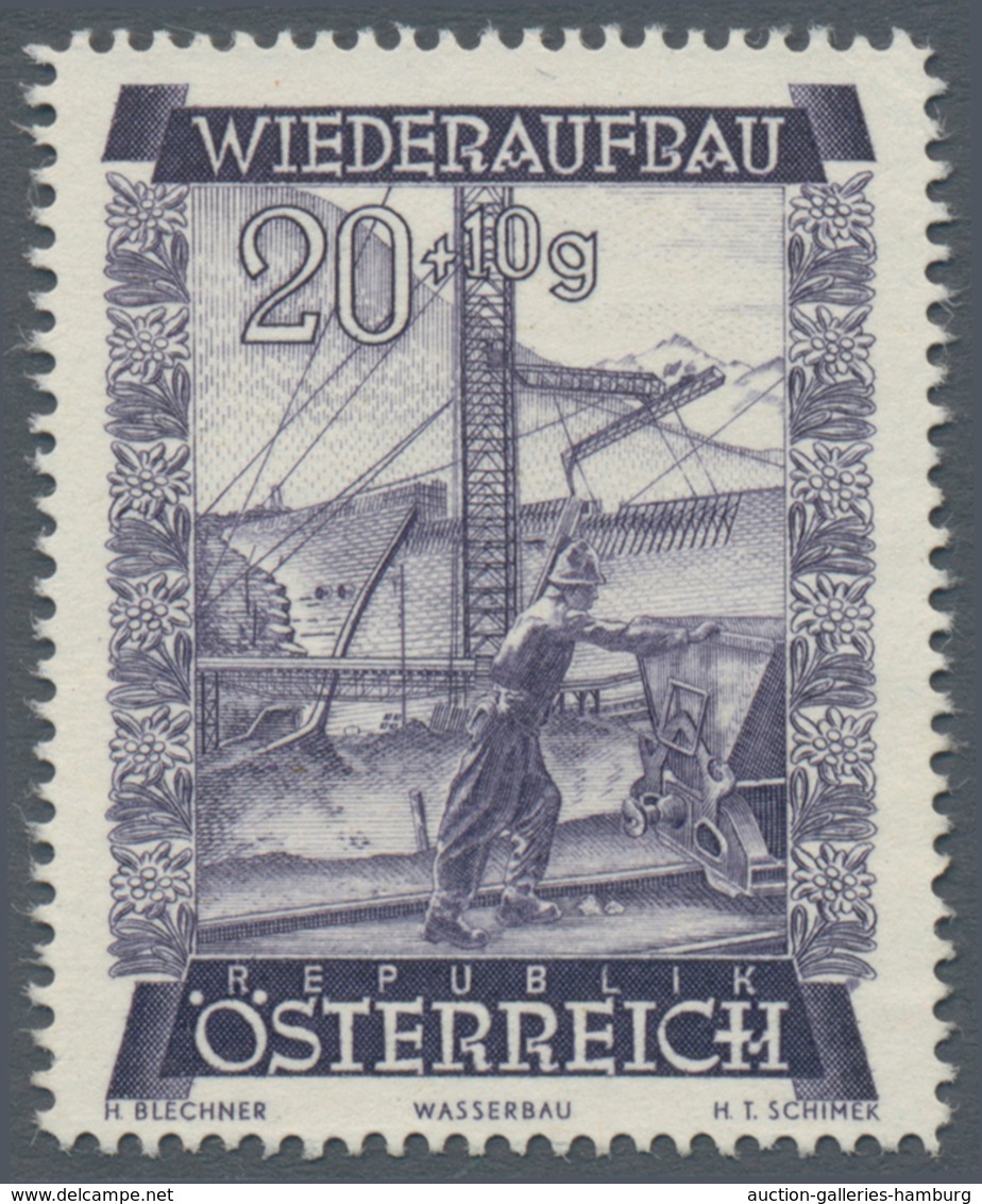 Österreich: 1948, 20 Gr. + 10 Gr. "Wiederaufbau", 11 (meist) verschiedene Farbproben in Linienzähnun