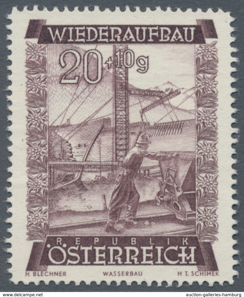 Österreich: 1948, 20 Gr. + 10 Gr. "Wiederaufbau", 11 (meist) verschiedene Farbproben in Linienzähnun