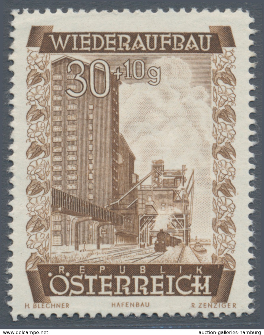 Österreich: 1948, 30 Gr. + 10 Gr. "Wiederaufbau", 15 (meist) verschiedene Farbproben in Linienzähnun