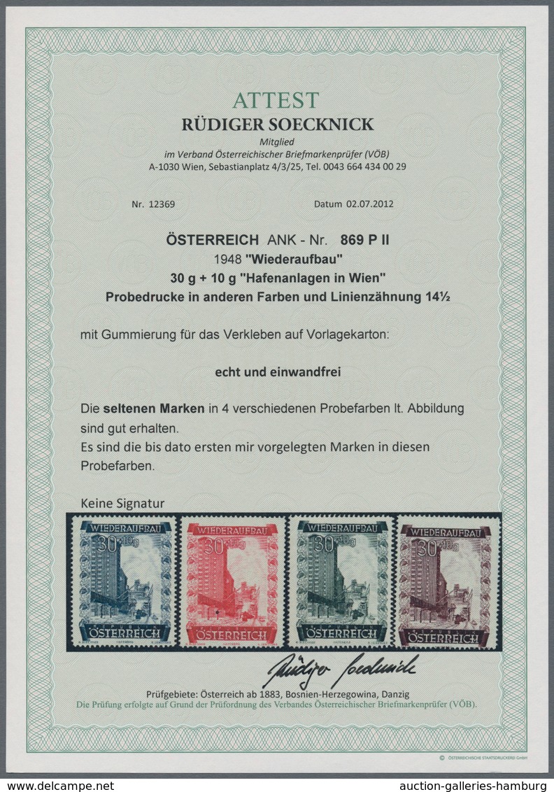 Österreich: 1948, 30 Gr. + 10 Gr. "Wiederaufbau", 15 (meist) verschiedene Farbproben in Linienzähnun