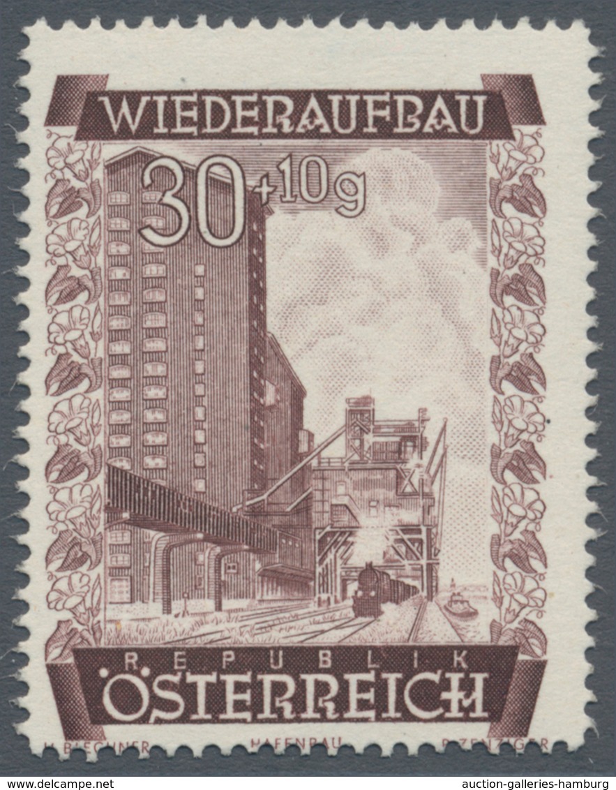 Österreich: 1948, 30 Gr. + 10 Gr. "Wiederaufbau", 15 (meist) verschiedene Farbproben in Linienzähnun