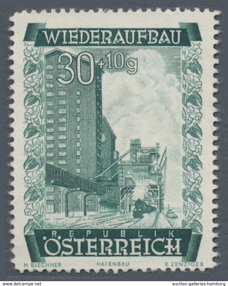 Österreich: 1948, 30 Gr. + 10 Gr. "Wiederaufbau", 15 (meist) verschiedene Farbproben in Linienzähnun