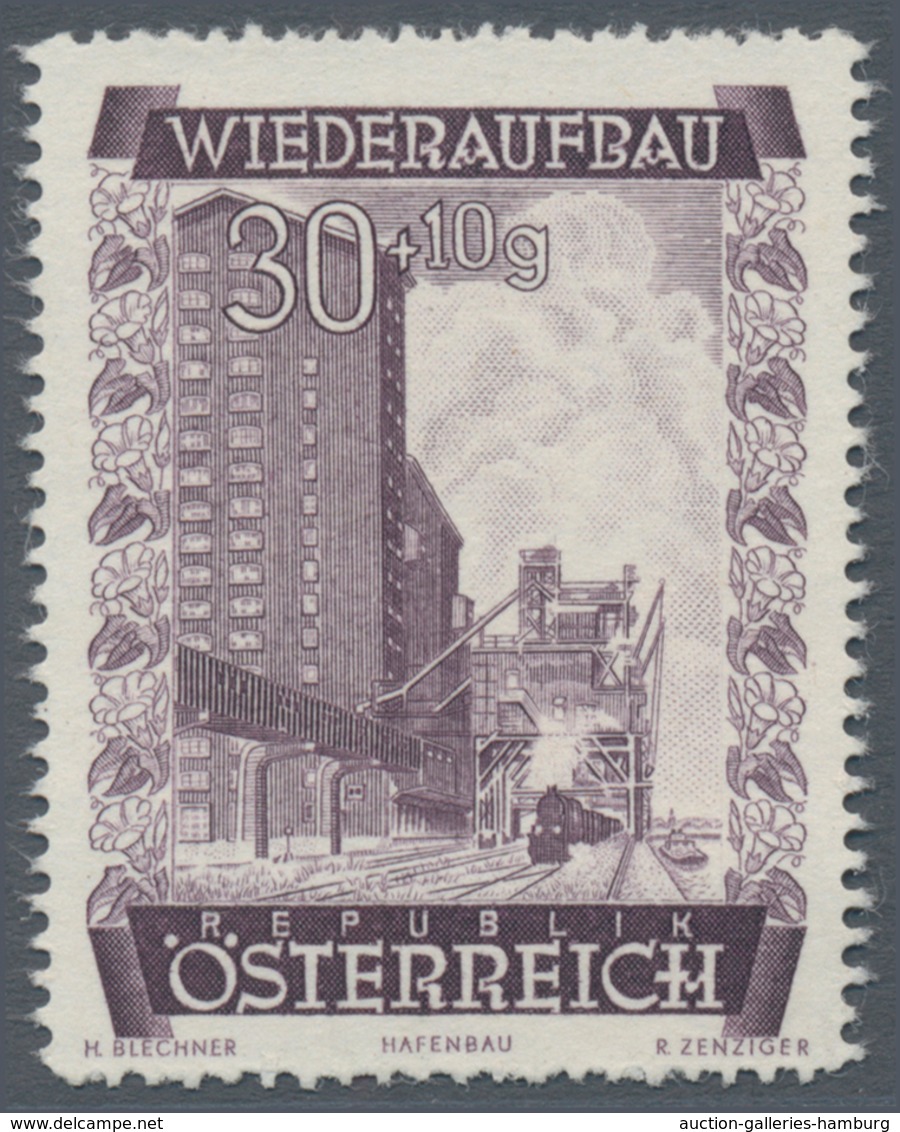 Österreich: 1948, 30 Gr. + 10 Gr. "Wiederaufbau", 15 (meist) verschiedene Farbproben in Linienzähnun