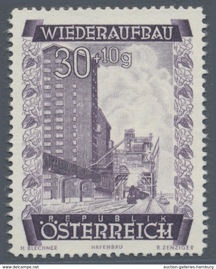 Österreich: 1948, 30 Gr. + 10 Gr. "Wiederaufbau", 15 (meist) verschiedene Farbproben in Linienzähnun