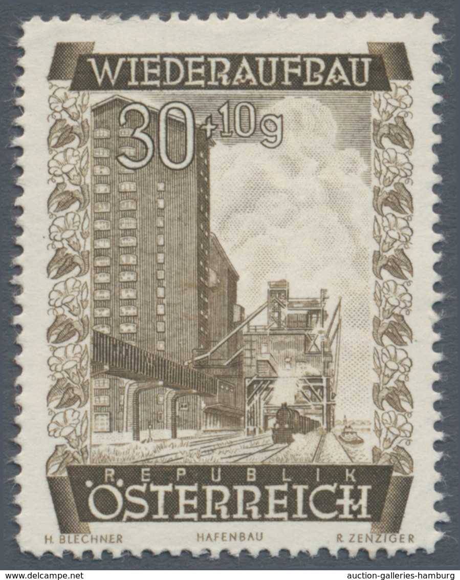 Österreich: 1948, 30 Gr. + 10 Gr. "Wiederaufbau", 15 (meist) verschiedene Farbproben in Linienzähnun