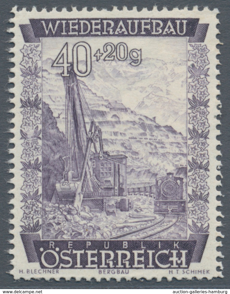 Österreich: 1948, 40 Gr. + 20 Gr. "Wiederaufbau", 18 (meist) verschiedene Farbproben in Linienzähnun