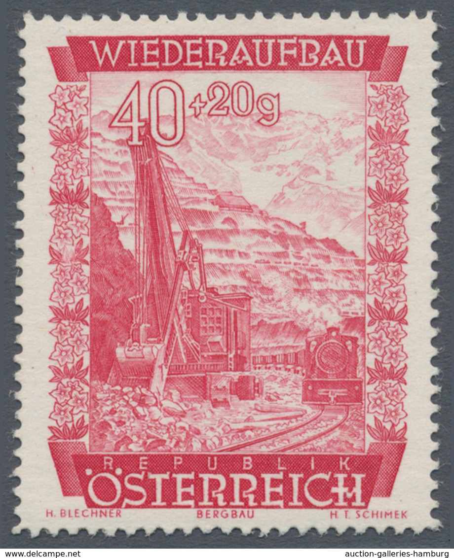 Österreich: 1948, 40 Gr. + 20 Gr. "Wiederaufbau", 18 (meist) verschiedene Farbproben in Linienzähnun