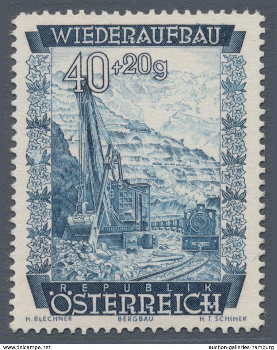 Österreich: 1948, 40 Gr. + 20 Gr. "Wiederaufbau", 18 (meist) verschiedene Farbproben in Linienzähnun