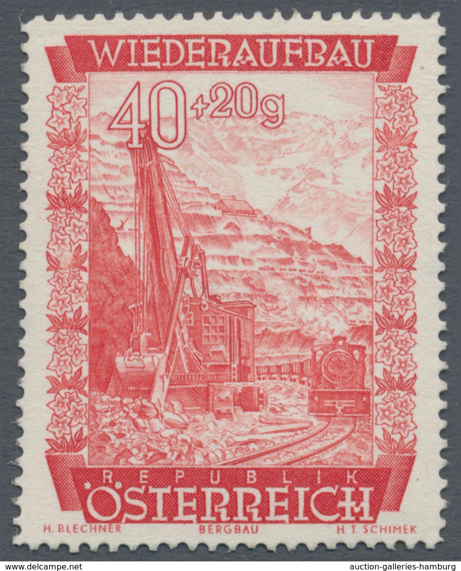 Österreich: 1948, 40 Gr. + 20 Gr. "Wiederaufbau", 18 (meist) verschiedene Farbproben in Linienzähnun