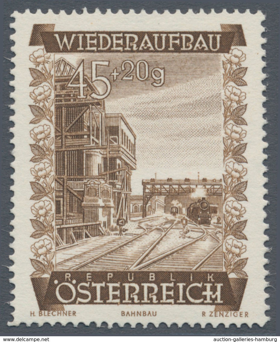 Österreich: 1948, 45 Gr. + 20 Gr. "Wiederaufbau", 11 verschiedene Farbproben in Linienzähnung 14½, o