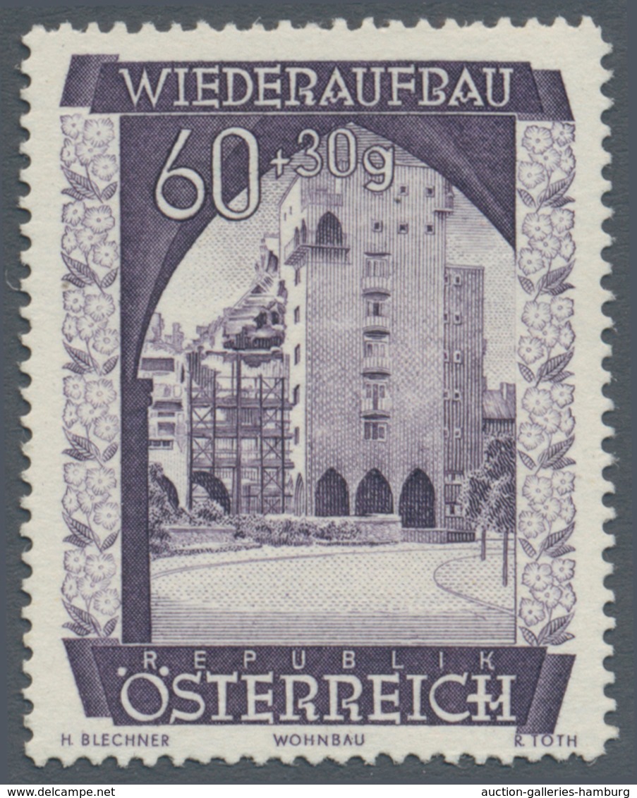 Österreich: 1948, 60 Gr. + 30 Gr. "Wiederaufbau", 14 (meist) verschiedene Farbproben in Linienzähnun
