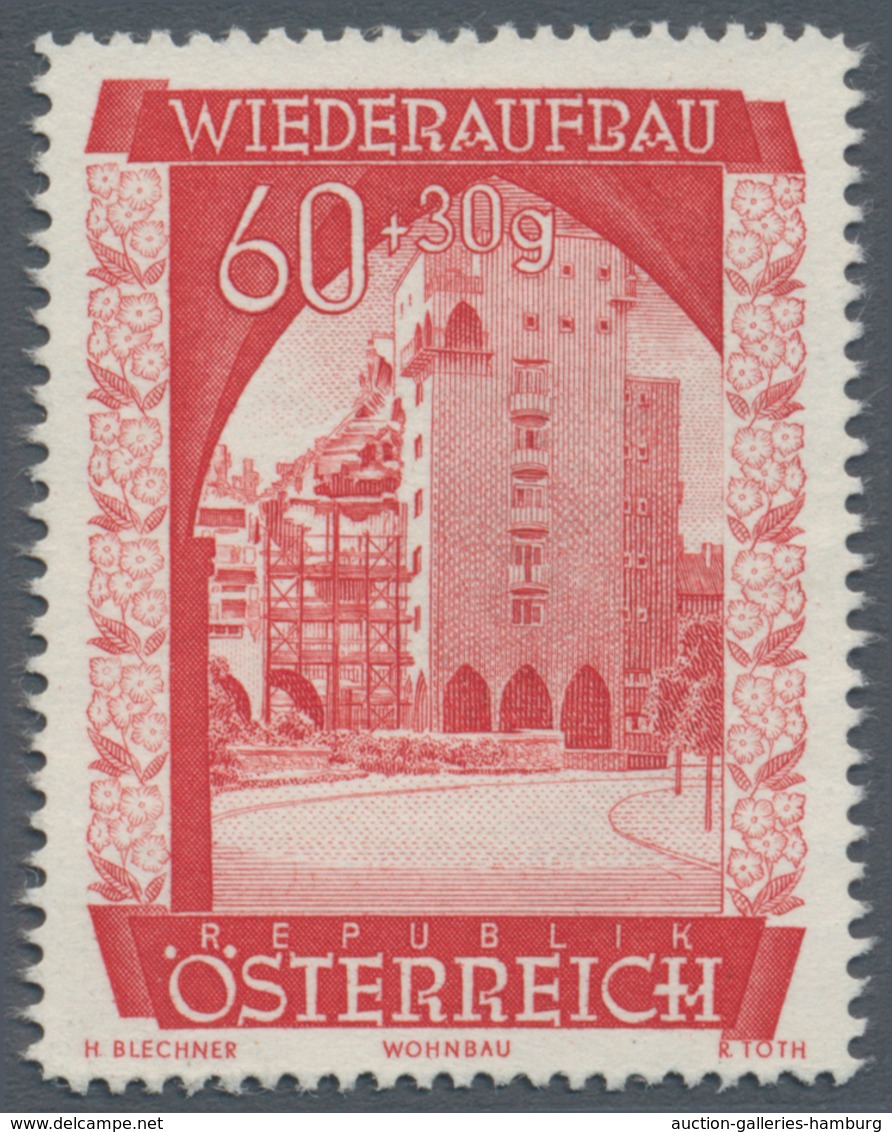 Österreich: 1948, 60 Gr. + 30 Gr. "Wiederaufbau", 14 (meist) verschiedene Farbproben in Linienzähnun