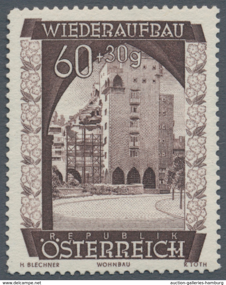 Österreich: 1948, 60 Gr. + 30 Gr. "Wiederaufbau", 14 (meist) verschiedene Farbproben in Linienzähnun