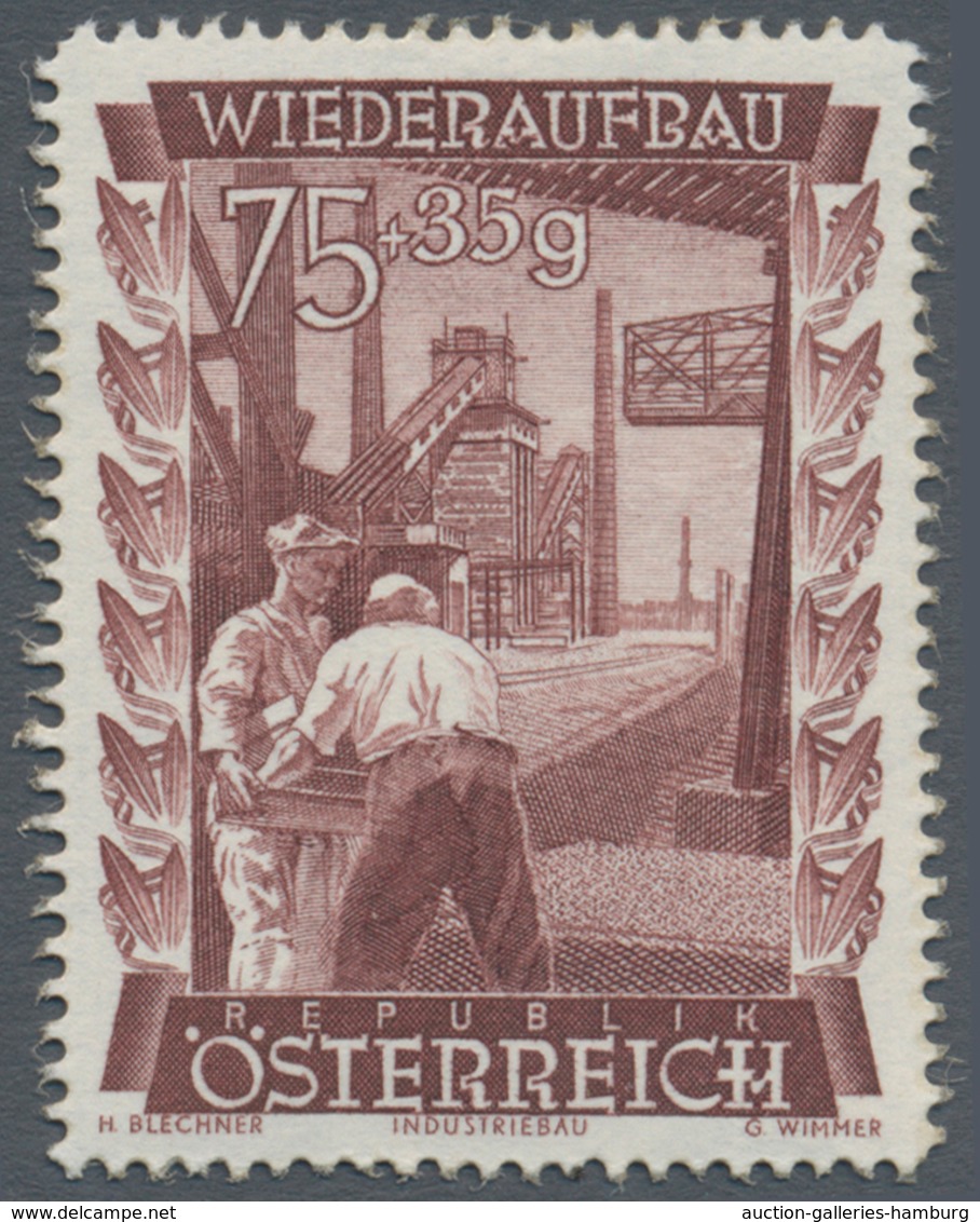 Österreich: 1948, 75 Gr. + 35 Gr. "Wiederaufbau", 15 (meist) verschiedene Farbproben in Linienzähnun