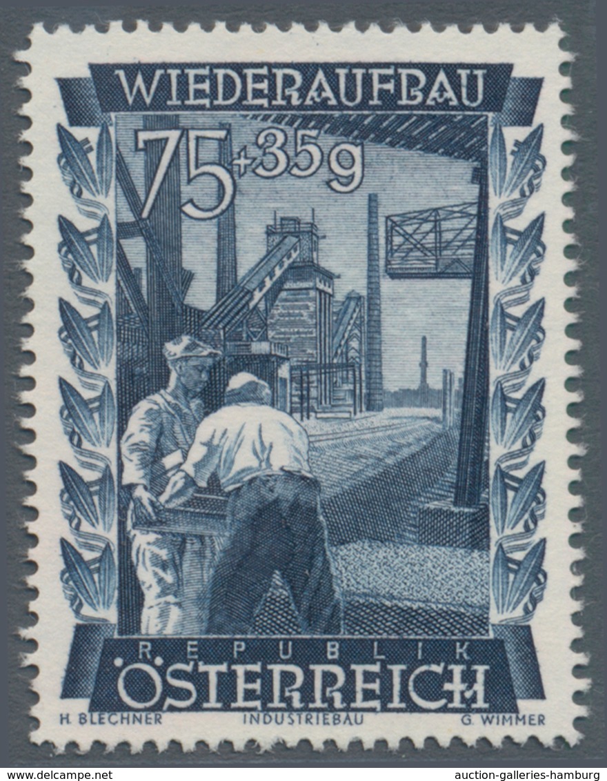 Österreich: 1948, 75 Gr. + 35 Gr. "Wiederaufbau", 15 (meist) verschiedene Farbproben in Linienzähnun