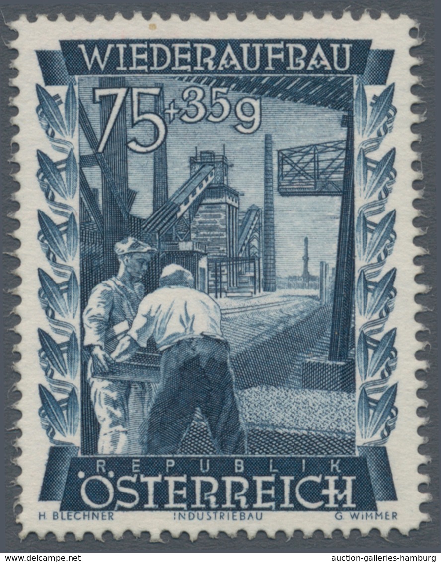 Österreich: 1948, 75 Gr. + 35 Gr. "Wiederaufbau", 15 (meist) verschiedene Farbproben in Linienzähnun