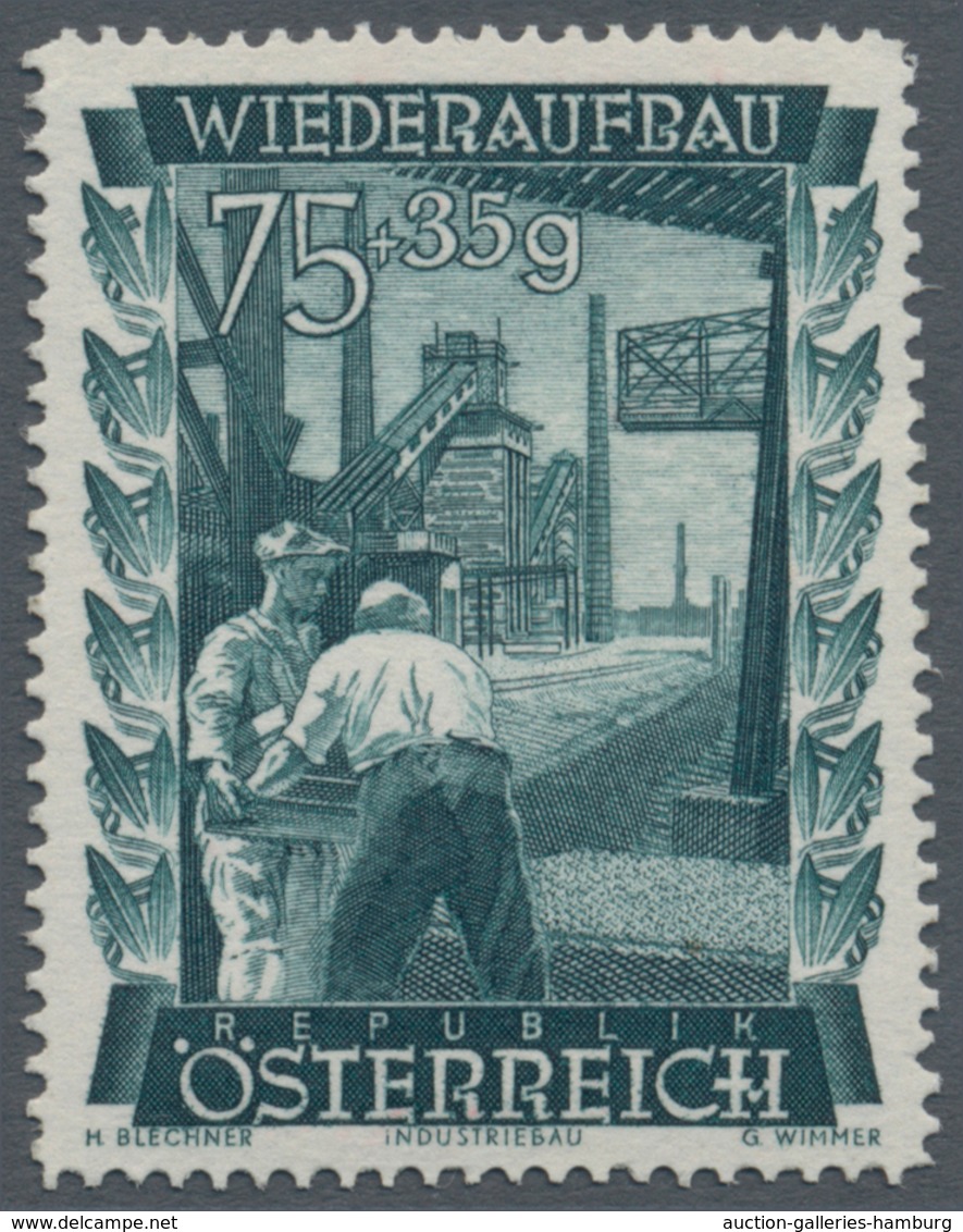 Österreich: 1948, 75 Gr. + 35 Gr. "Wiederaufbau", 15 (meist) verschiedene Farbproben in Linienzähnun