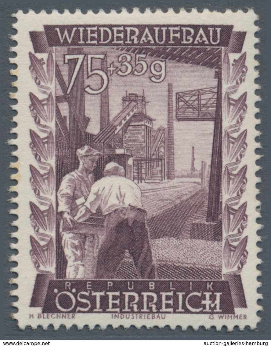 Österreich: 1948, 75 Gr. + 35 Gr. "Wiederaufbau", 15 (meist) verschiedene Farbproben in Linienzähnun