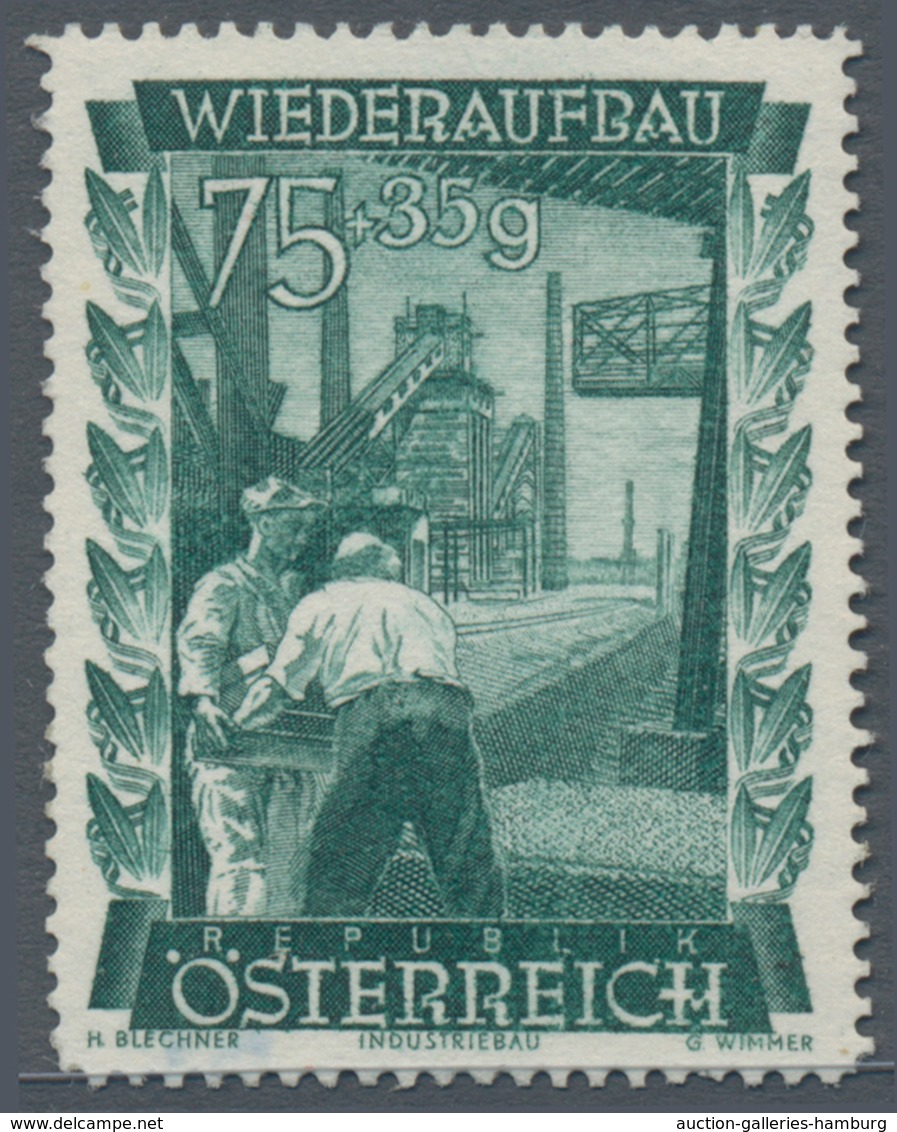 Österreich: 1948, 75 Gr. + 35 Gr. "Wiederaufbau", 15 (meist) verschiedene Farbproben in Linienzähnun