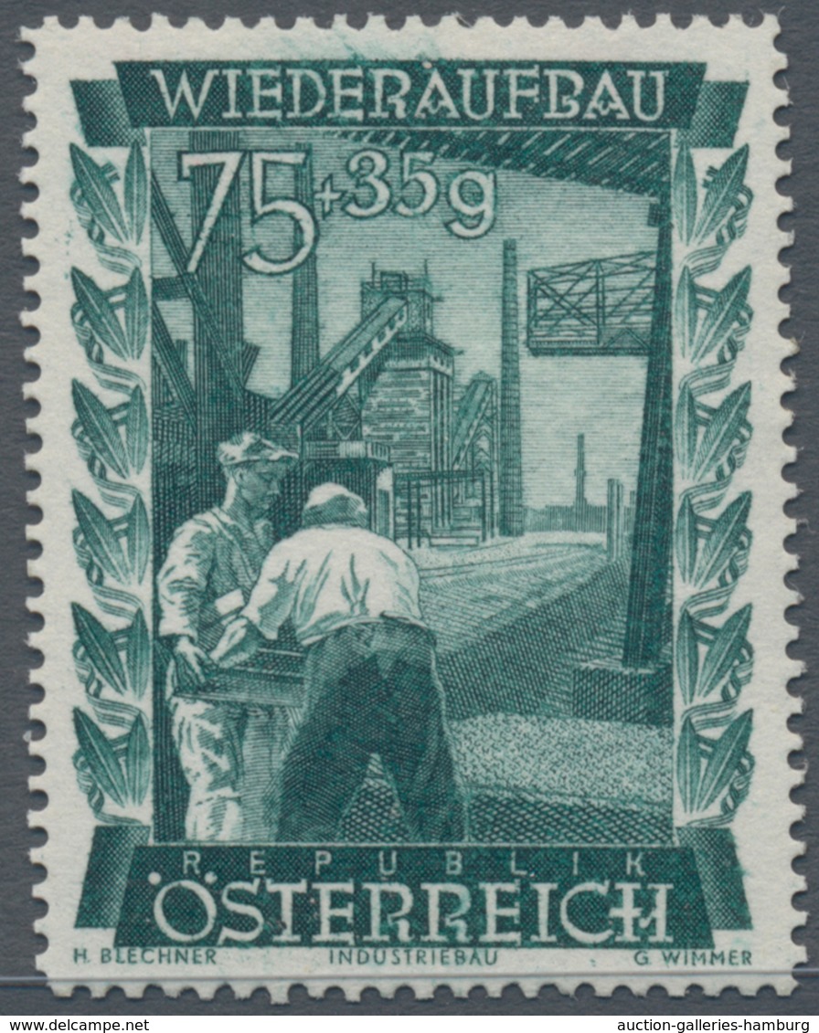 Österreich: 1948, 75 Gr. + 35 Gr. "Wiederaufbau", 15 (meist) verschiedene Farbproben in Linienzähnun