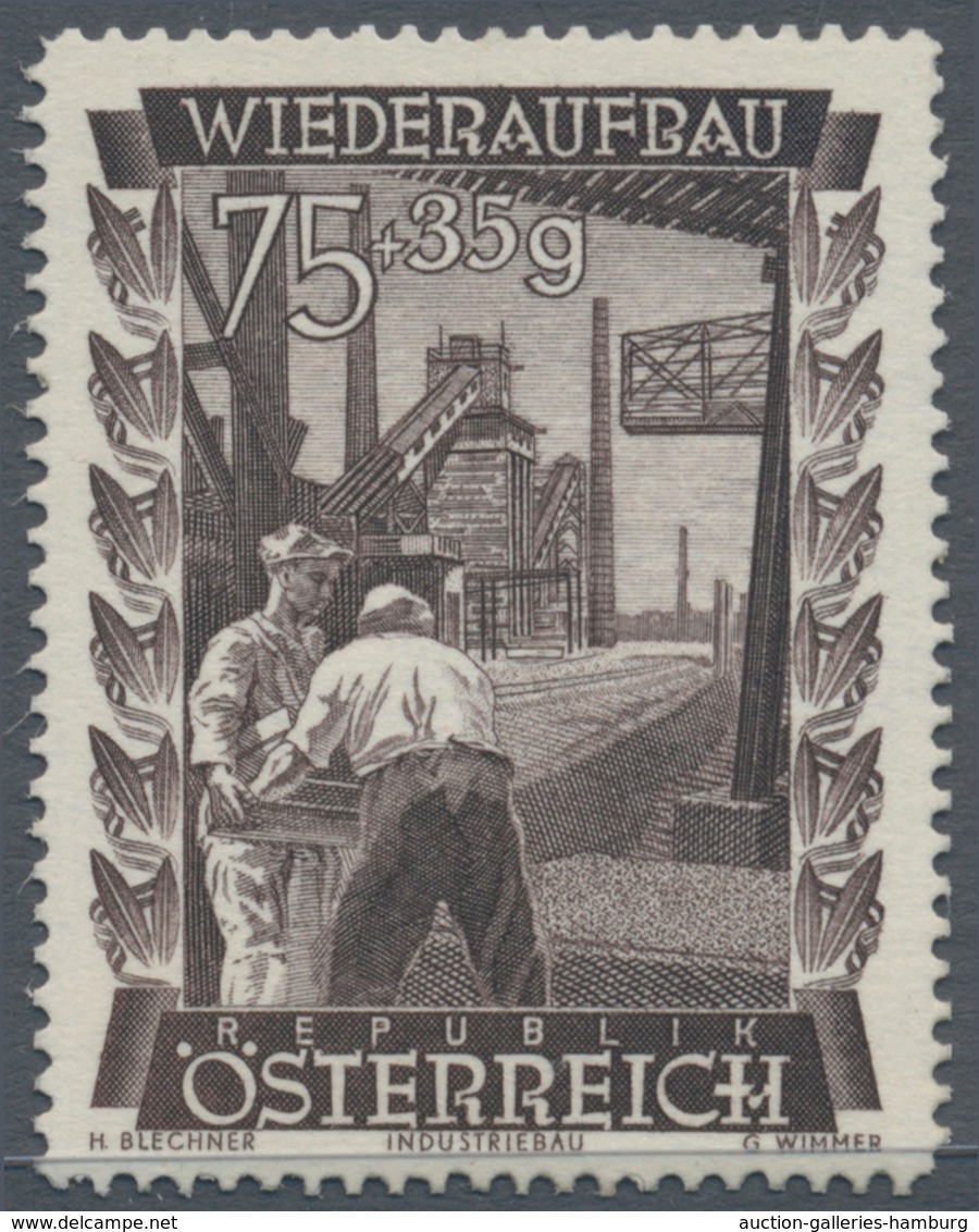 Österreich: 1948, 75 Gr. + 35 Gr. "Wiederaufbau", 15 (meist) verschiedene Farbproben in Linienzähnun