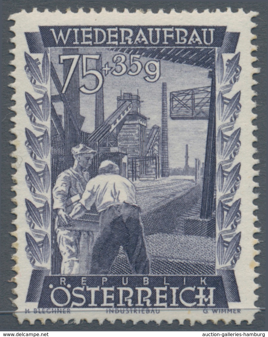 Österreich: 1948, 75 Gr. + 35 Gr. "Wiederaufbau", 15 (meist) verschiedene Farbproben in Linienzähnun