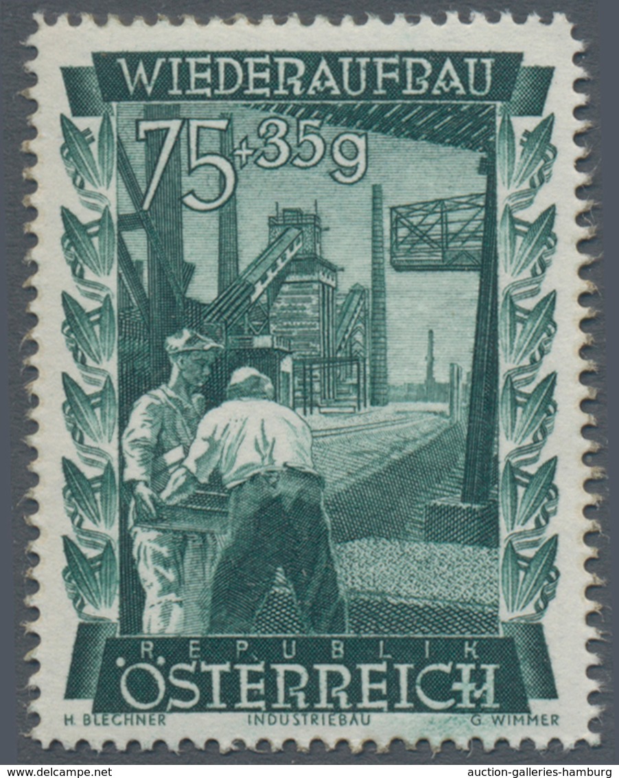 Österreich: 1948, 75 Gr. + 35 Gr. "Wiederaufbau", 15 (meist) verschiedene Farbproben in Linienzähnun