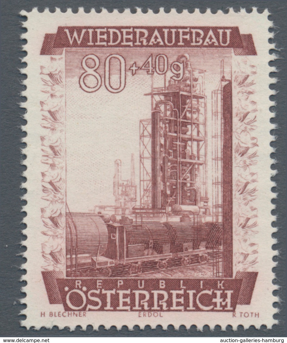 Österreich: 1948, 80 Gr. + 40 Gr. "Wiederaufbau", 10 (meist) verschiedene Farbproben in Linienzähnun