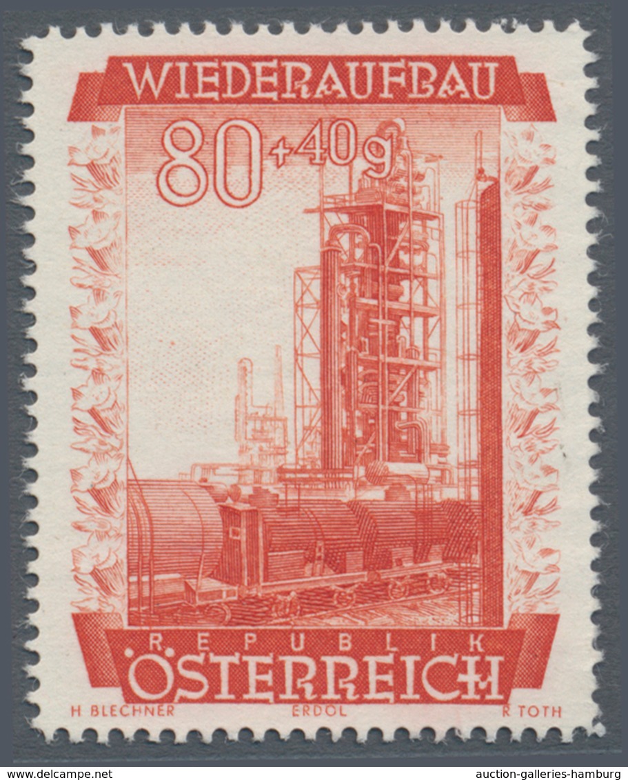 Österreich: 1948, 80 Gr. + 40 Gr. "Wiederaufbau", 10 (meist) verschiedene Farbproben in Linienzähnun