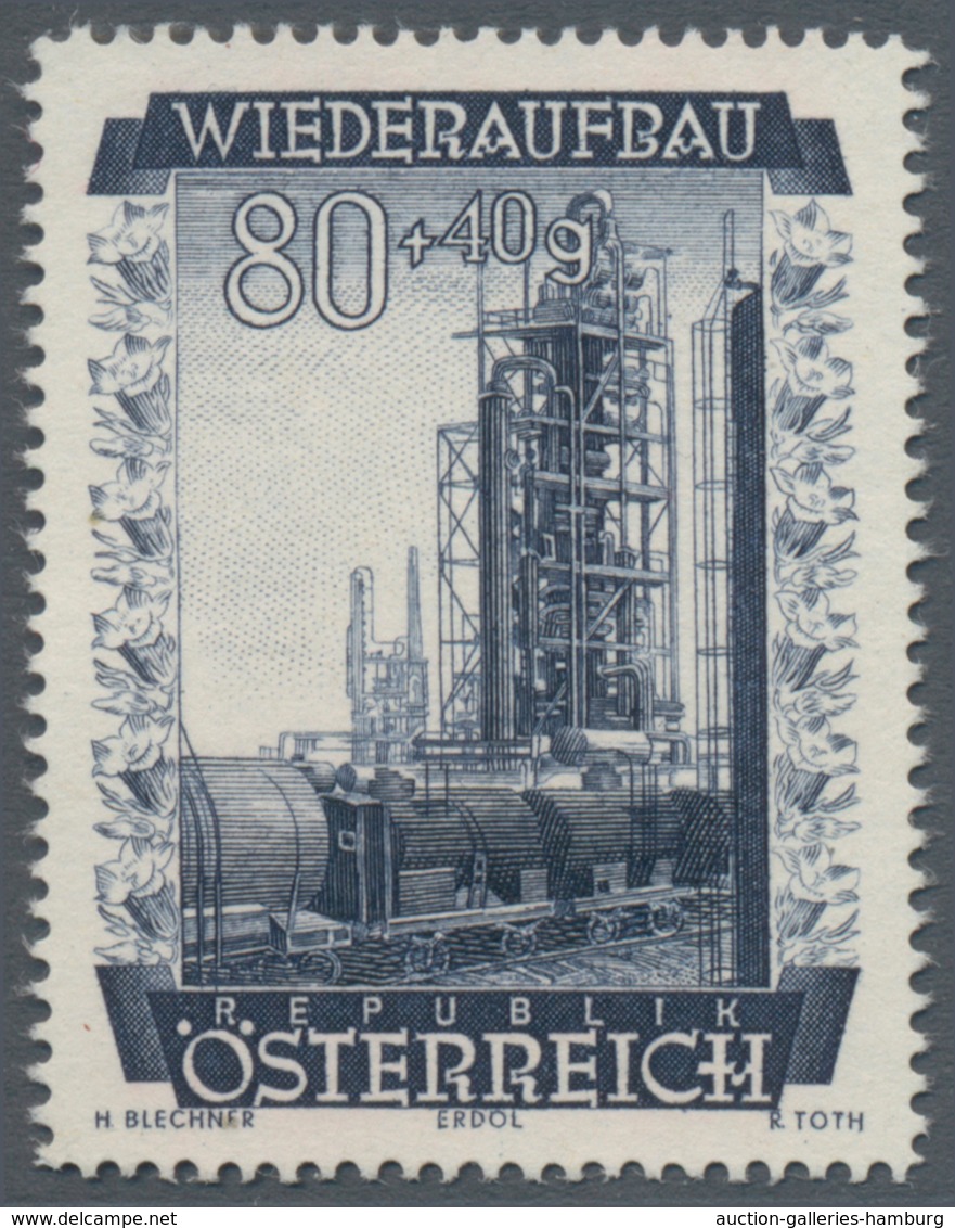 Österreich: 1948, 80 Gr. + 40 Gr. "Wiederaufbau", 10 (meist) verschiedene Farbproben in Linienzähnun