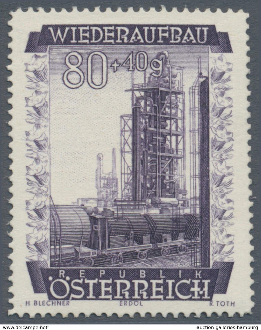 Österreich: 1948, 80 Gr. + 40 Gr. "Wiederaufbau", 10 (meist) verschiedene Farbproben in Linienzähnun