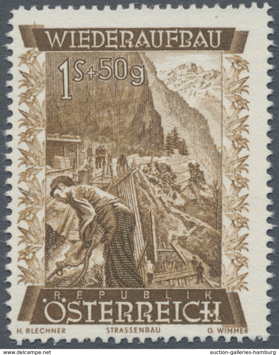 Österreich: 1948, 1 Sch. + 50 Gr. "Wiederaufbau", 16 (meist) Verschiedene Farbproben In Linienzähnun - Neufs