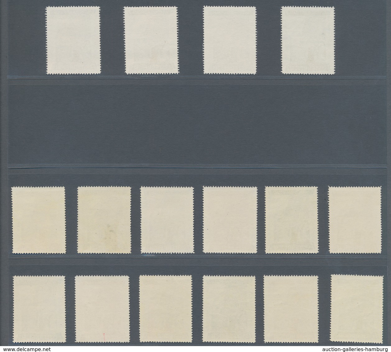 Österreich: 1948, 1 Sch. + 50 Gr. "Wiederaufbau", 16 (meist) verschiedene Farbproben in Linienzähnun