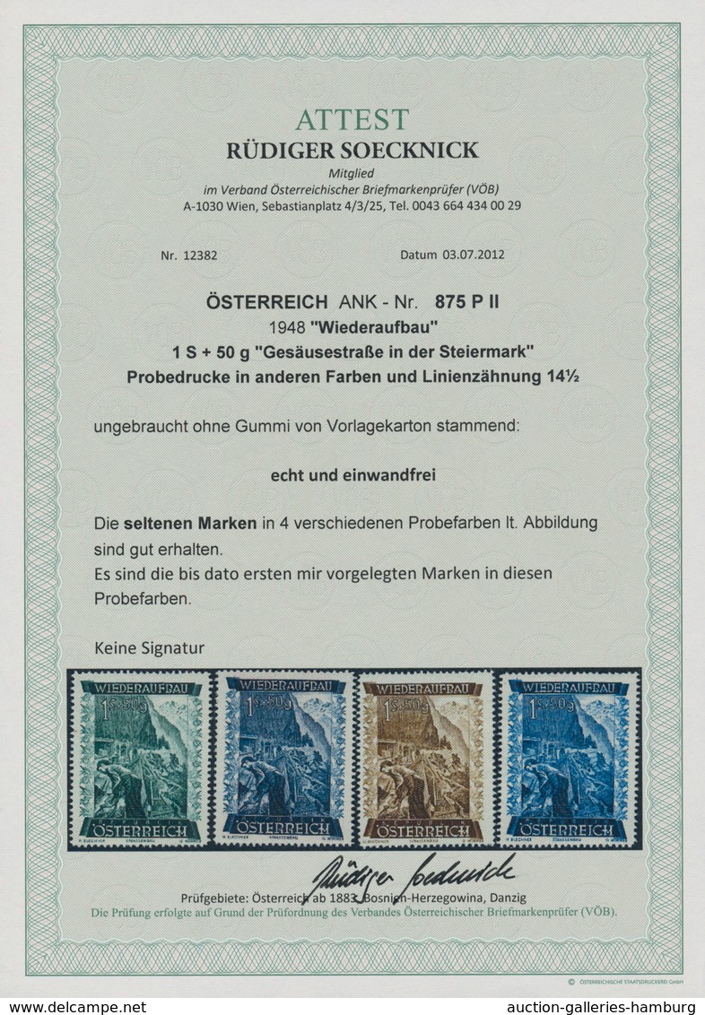 Österreich: 1948, 1 Sch. + 50 Gr. "Wiederaufbau", 16 (meist) verschiedene Farbproben in Linienzähnun