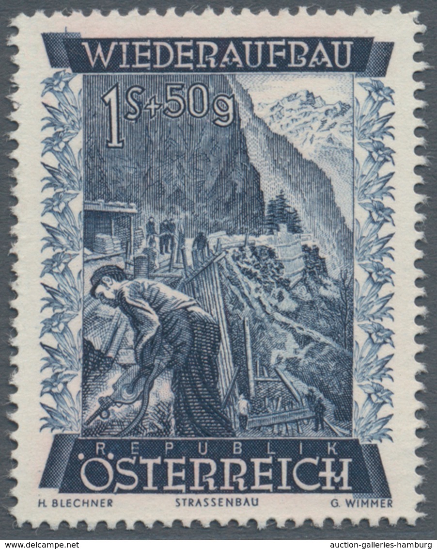 Österreich: 1948, 1 Sch. + 50 Gr. "Wiederaufbau", 16 (meist) verschiedene Farbproben in Linienzähnun