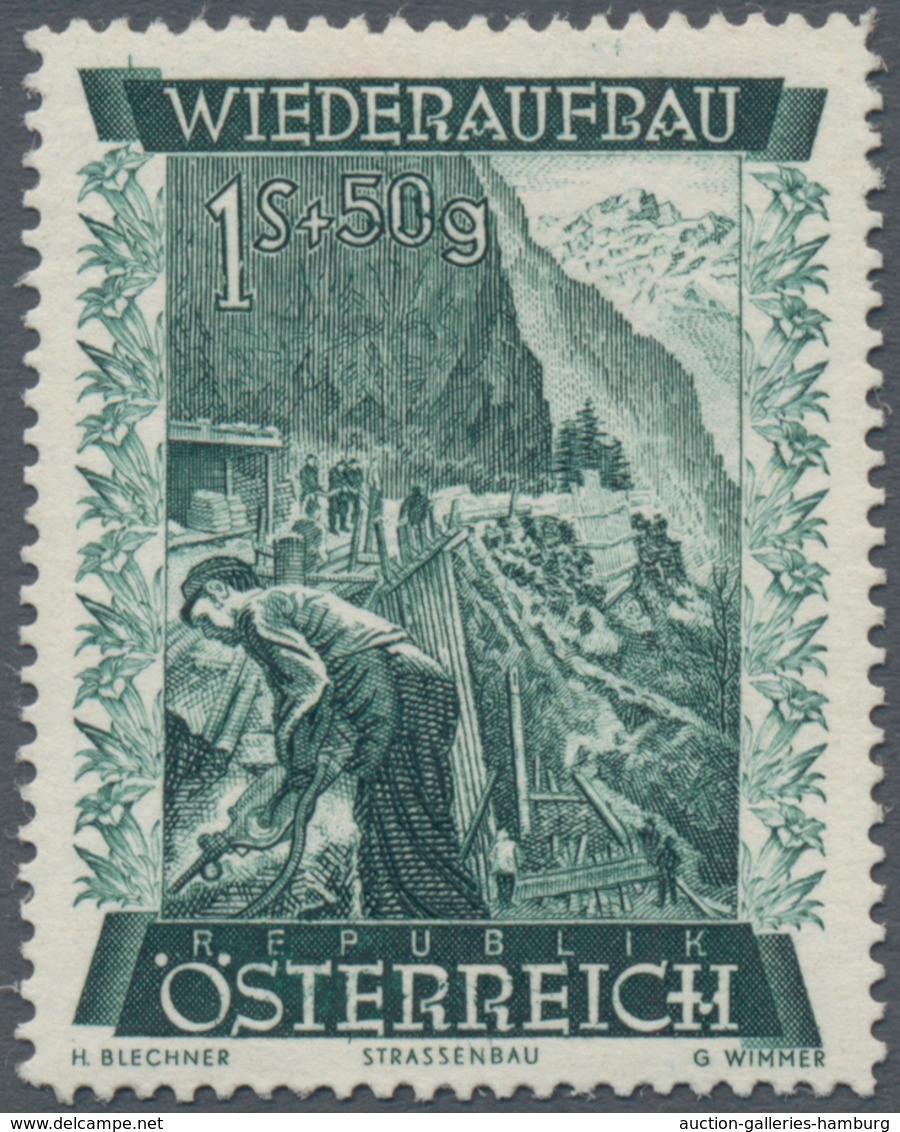 Österreich: 1948, 1 Sch. + 50 Gr. "Wiederaufbau", 16 (meist) verschiedene Farbproben in Linienzähnun