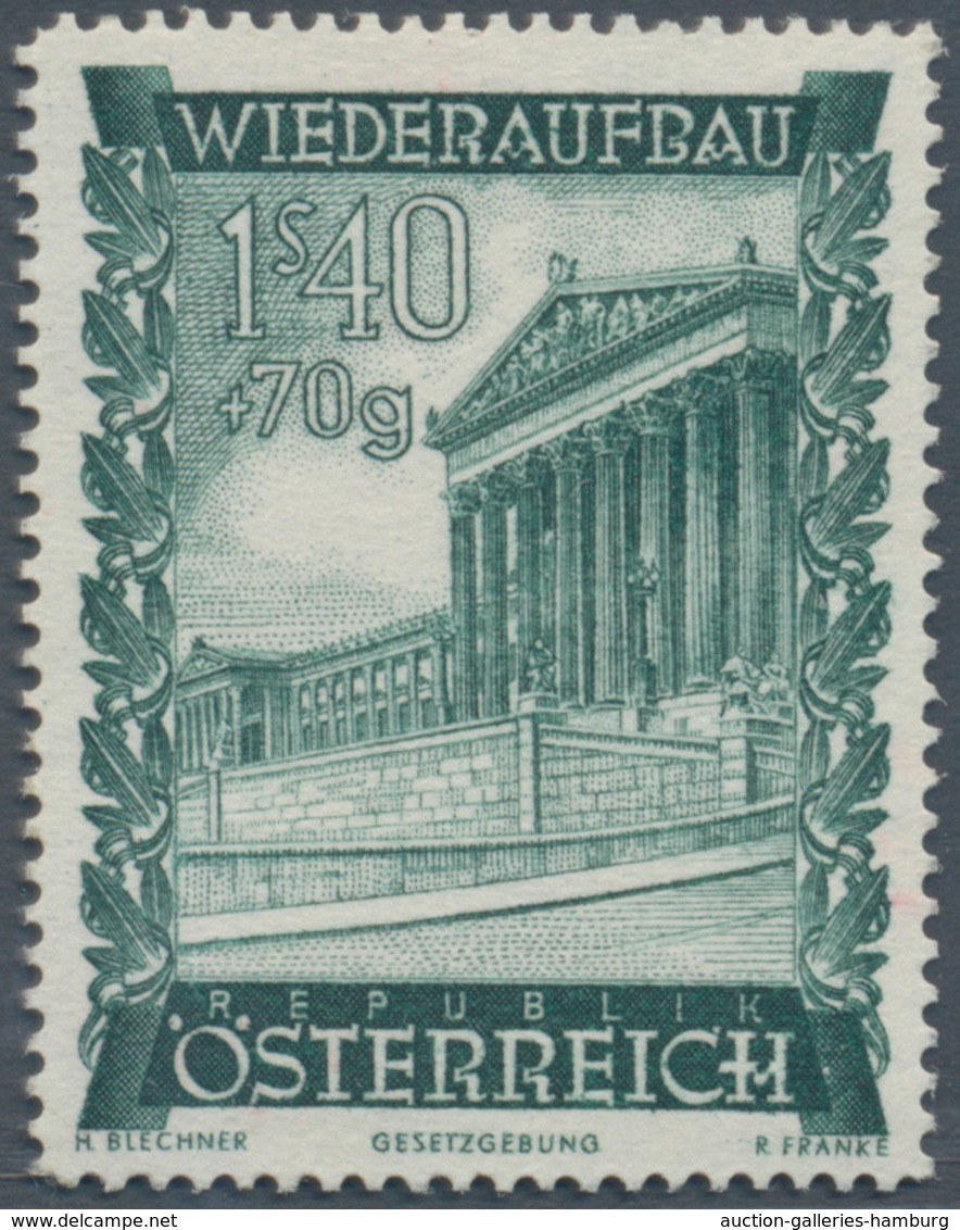 Österreich: 1948, 1.40 Sch. + 70 Gr. "Wiederaufbau", 19 (meist) verschiedene Farbproben in Linienzäh