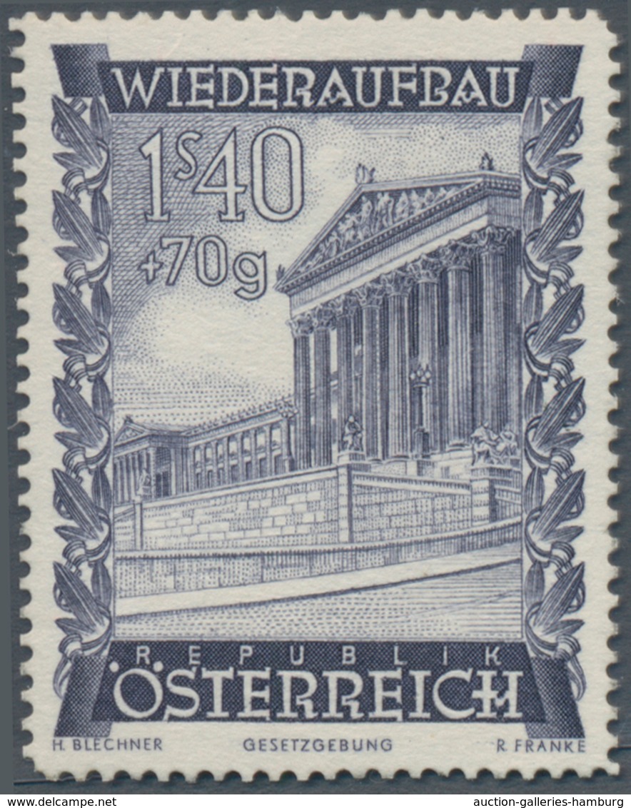 Österreich: 1948, 1.40 Sch. + 70 Gr. "Wiederaufbau", 19 (meist) verschiedene Farbproben in Linienzäh
