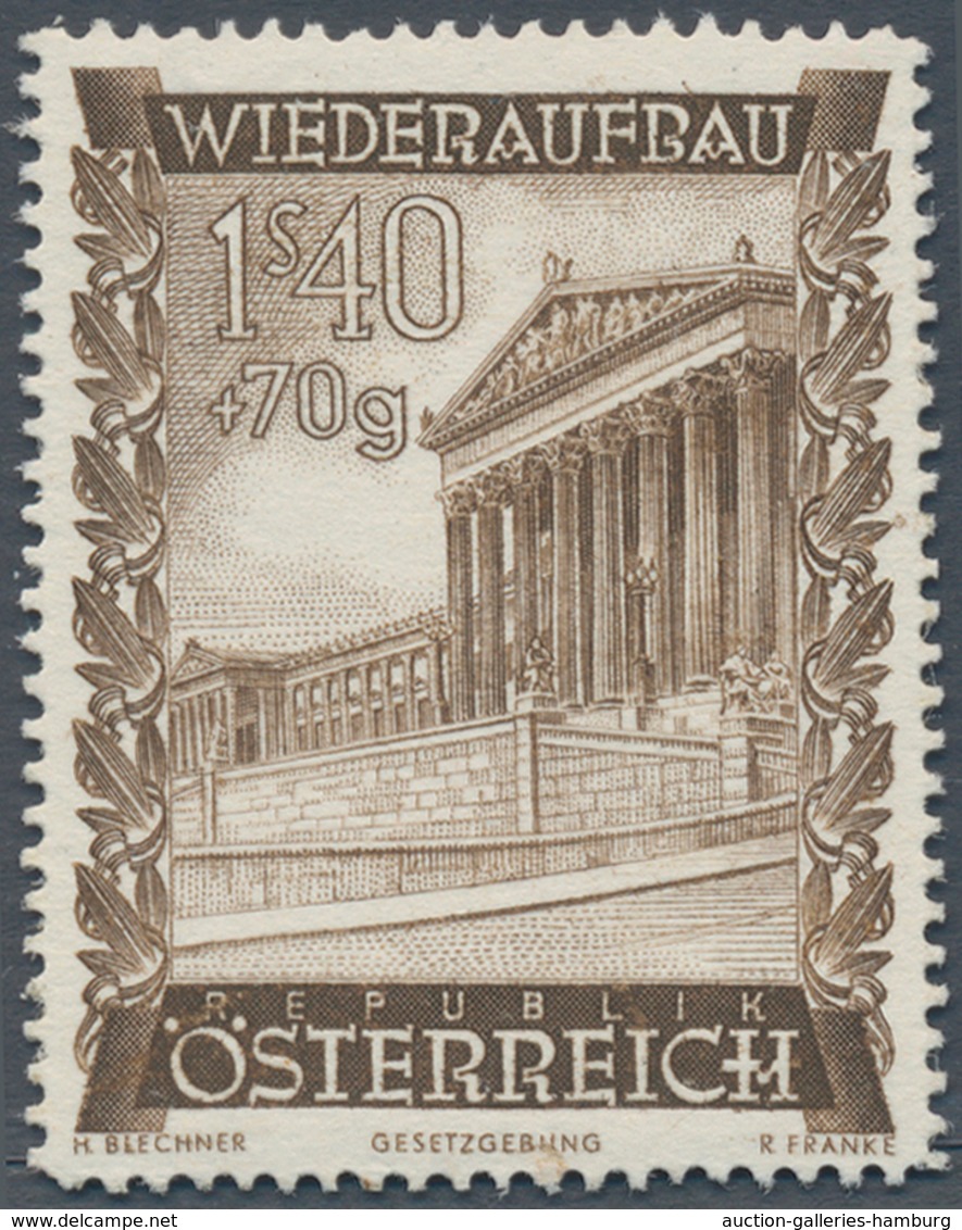 Österreich: 1948, 1.40 Sch. + 70 Gr. "Wiederaufbau", 19 (meist) verschiedene Farbproben in Linienzäh