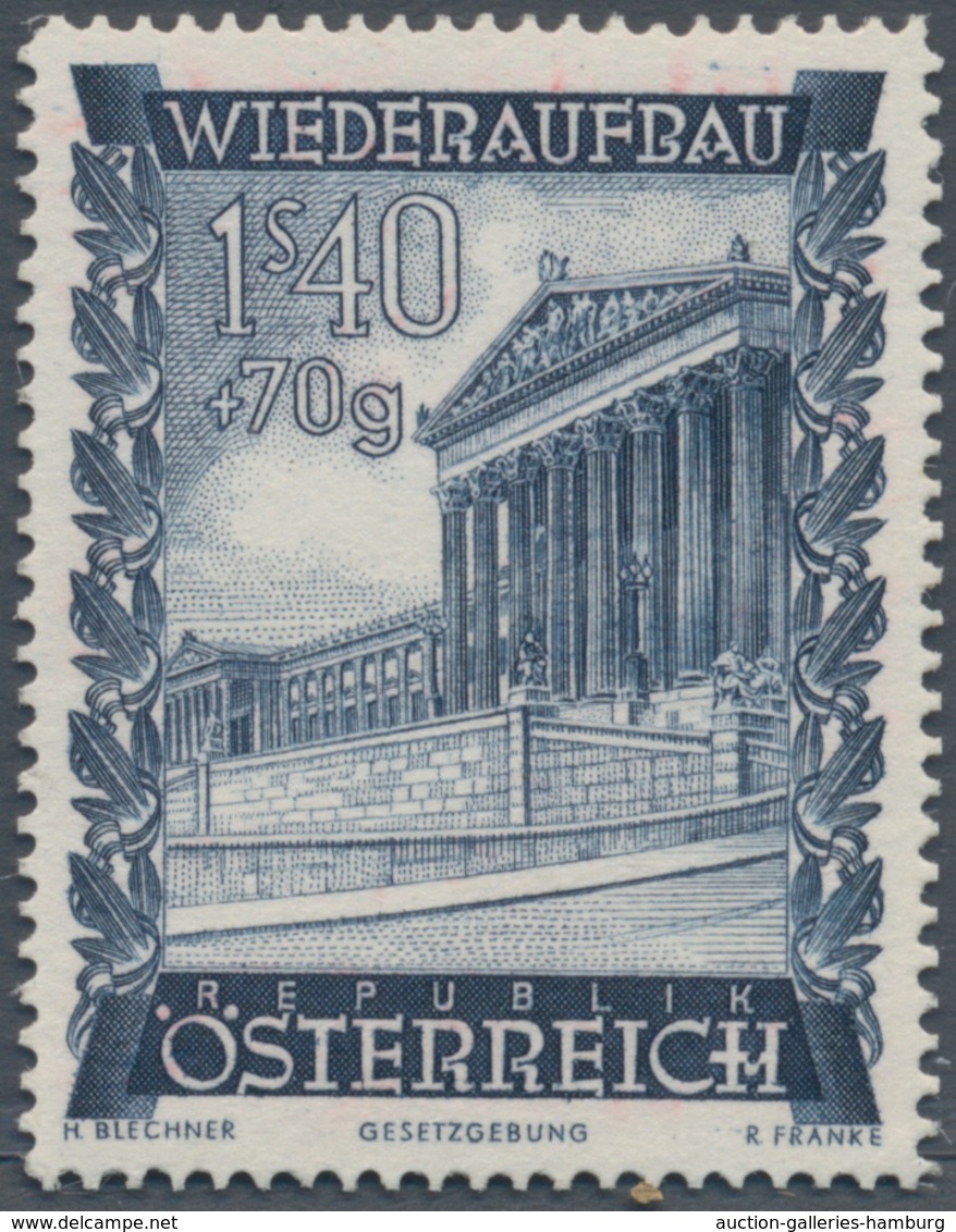 Österreich: 1948, 1.40 Sch. + 70 Gr. "Wiederaufbau", 19 (meist) verschiedene Farbproben in Linienzäh