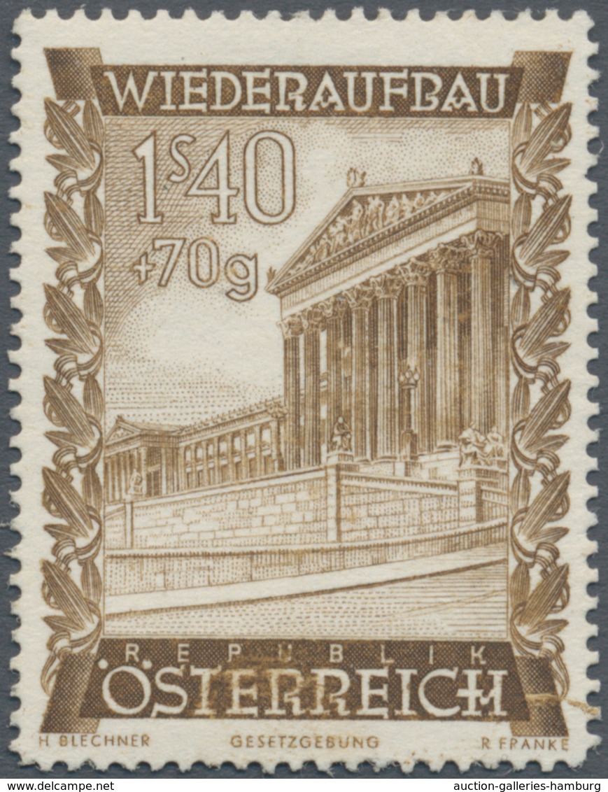 Österreich: 1948, 1.40 Sch. + 70 Gr. "Wiederaufbau", 19 (meist) verschiedene Farbproben in Linienzäh