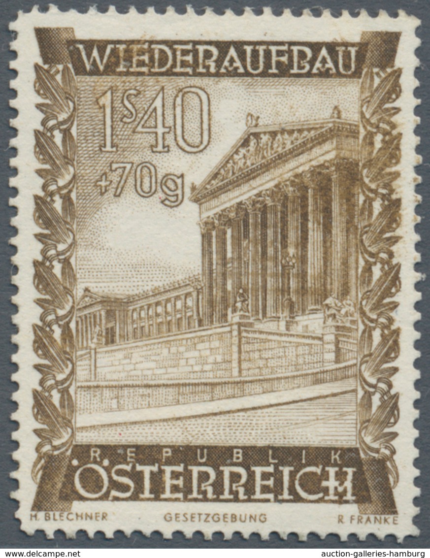 Österreich: 1948, 1.40 Sch. + 70 Gr. "Wiederaufbau", 19 (meist) verschiedene Farbproben in Linienzäh