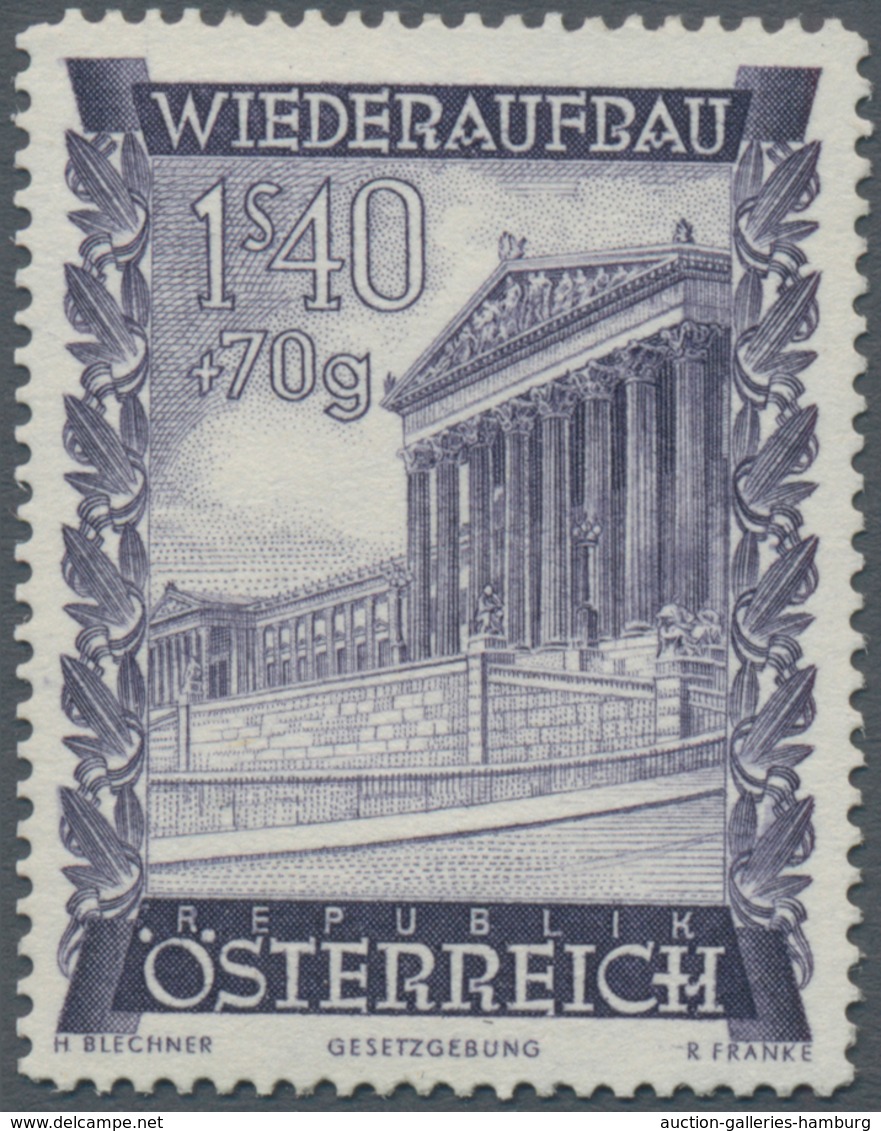 Österreich: 1948, 1.40 Sch. + 70 Gr. "Wiederaufbau", 19 (meist) verschiedene Farbproben in Linienzäh