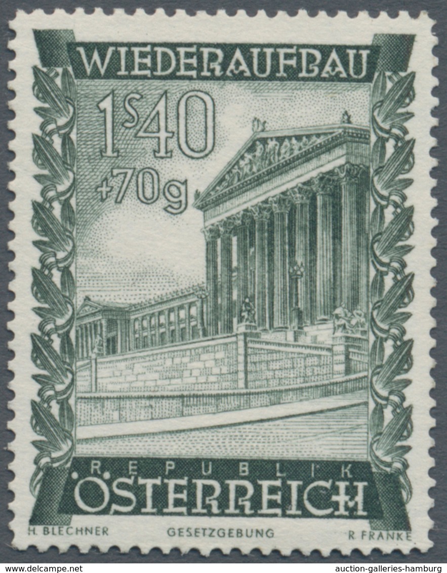 Österreich: 1948, 1.40 Sch. + 70 Gr. "Wiederaufbau", 19 (meist) verschiedene Farbproben in Linienzäh