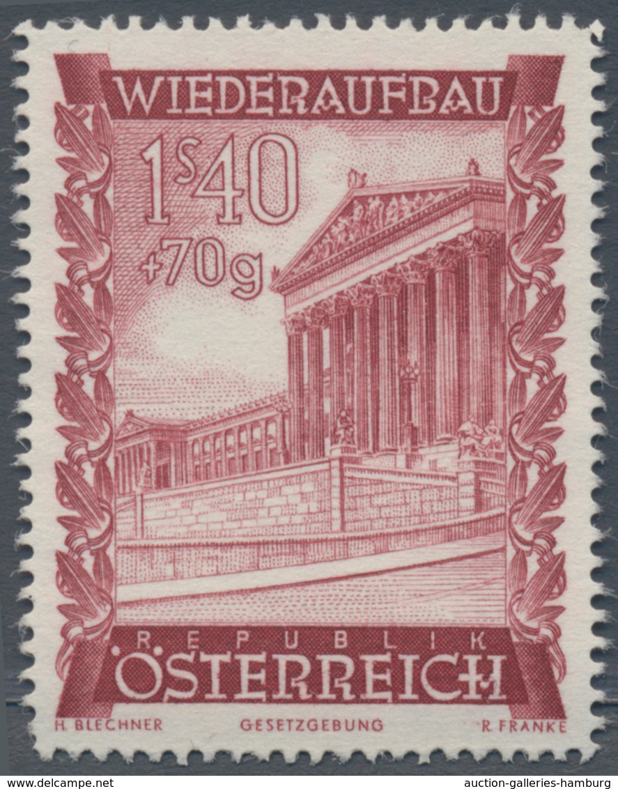 Österreich: 1948, 1.40 Sch. + 70 Gr. "Wiederaufbau", 19 (meist) verschiedene Farbproben in Linienzäh